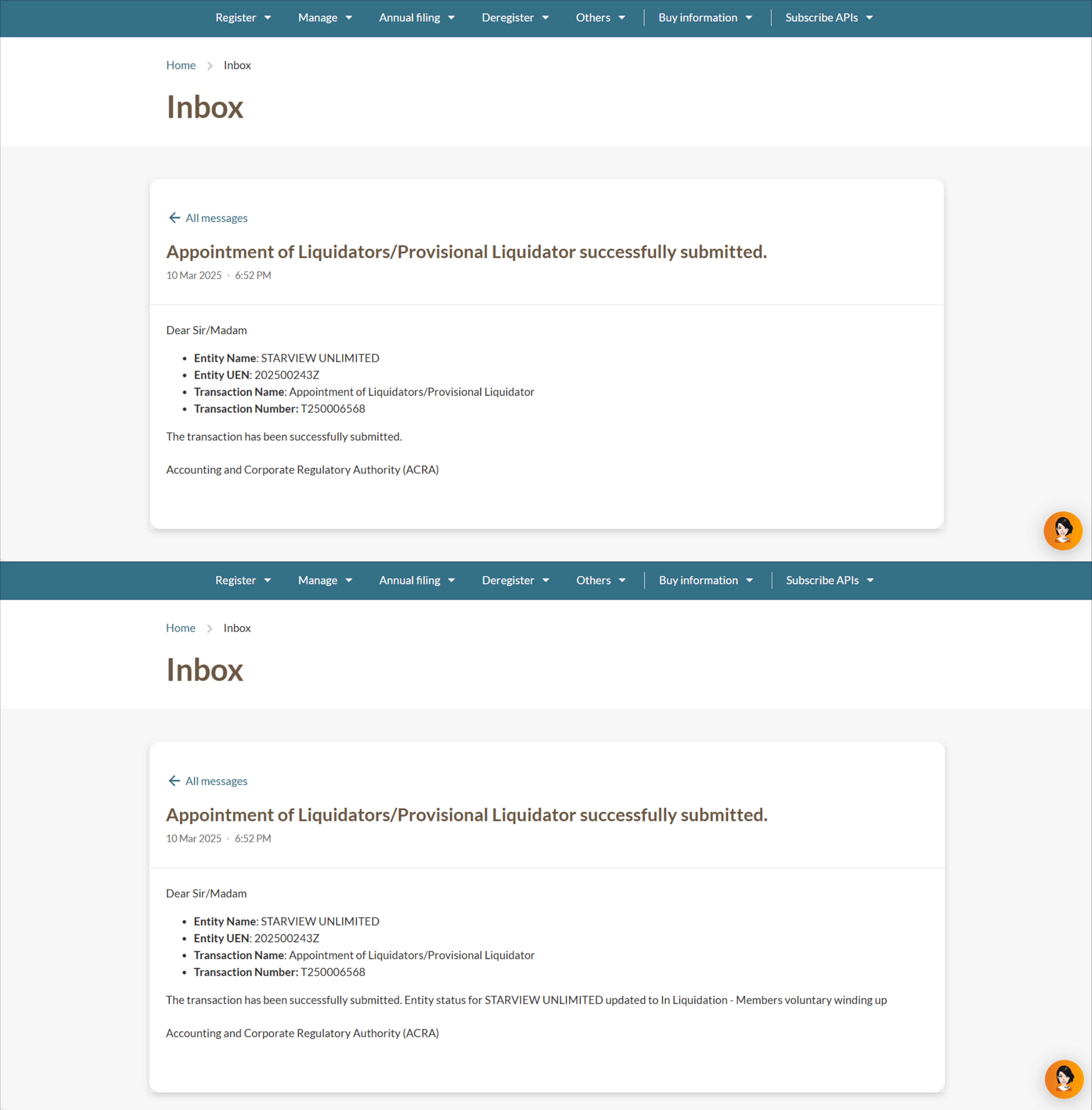 Bizfile inbox showing the submission confirmation and entity status change notifications